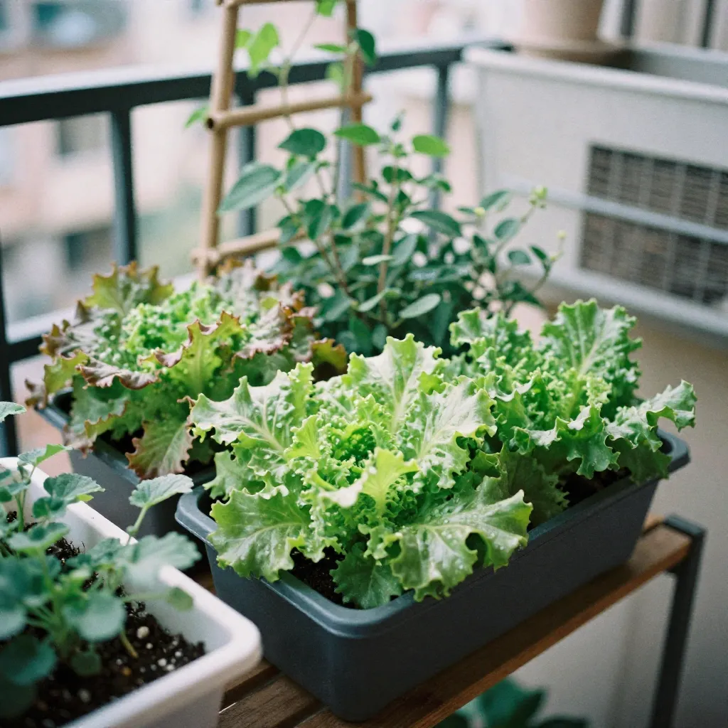 Small balcony garden with various plants in containers
