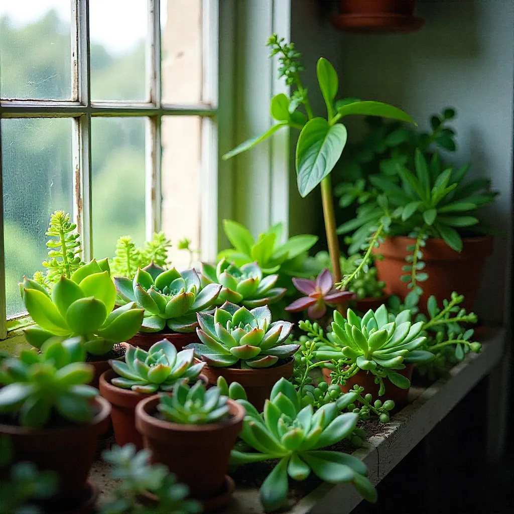 Various plants growing in small containers on a balcony
