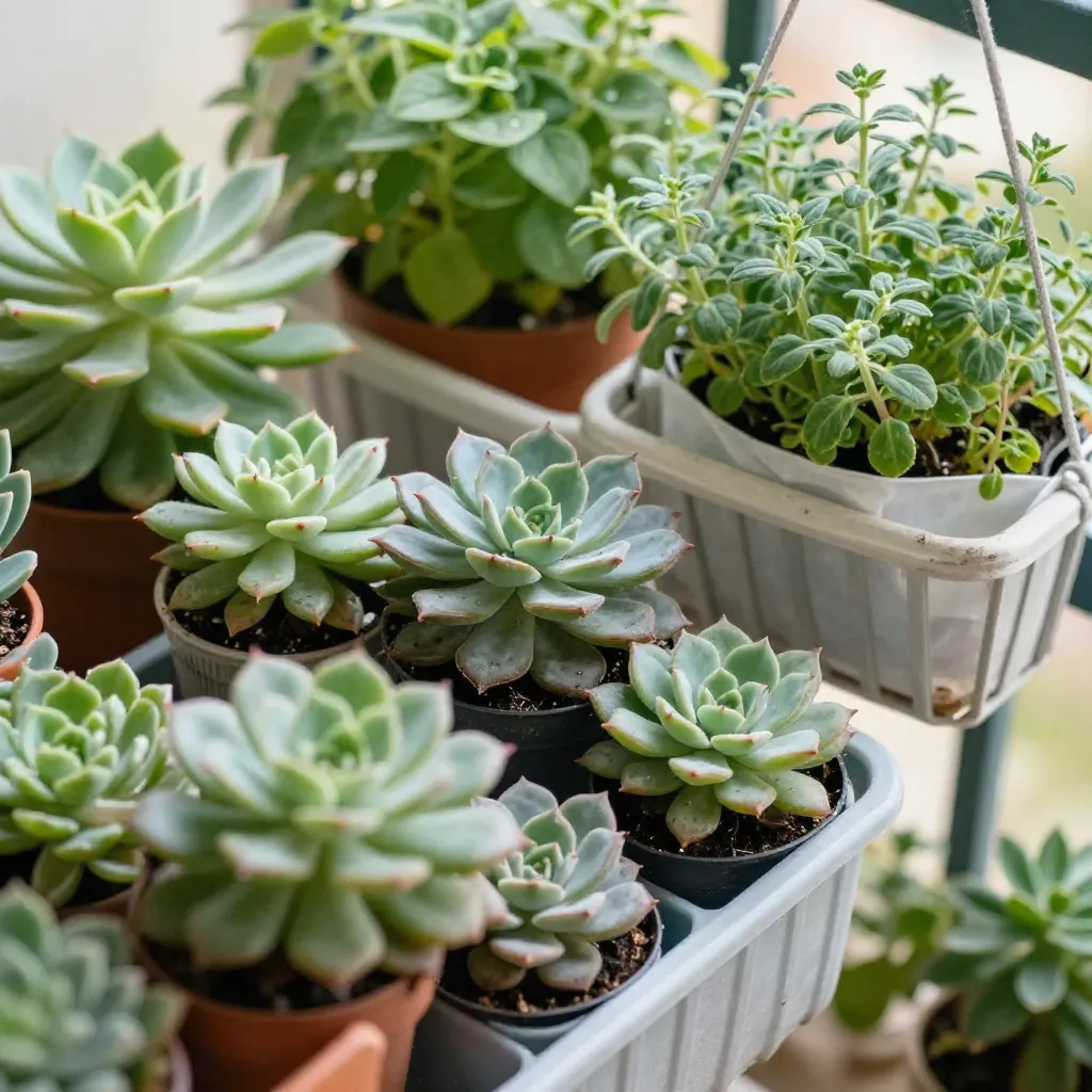 Recycled containers and eco-friendly planters on balcony